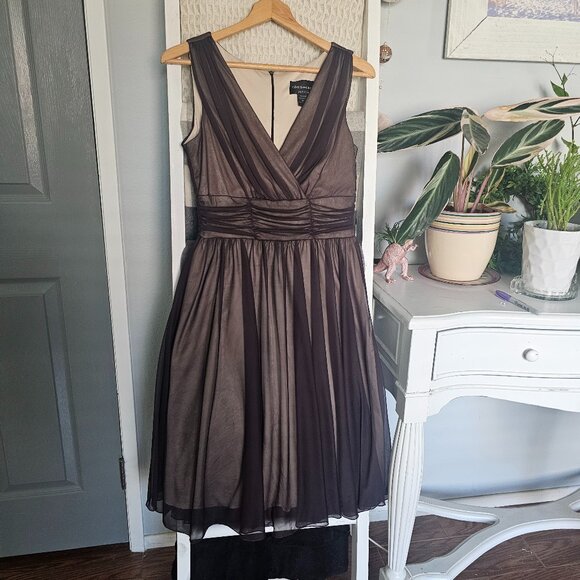 Connected Petite Brown Tulle Midi Dress | Size 8P | Sheer Overlay V-Neck Formal - Picture 1 of 3